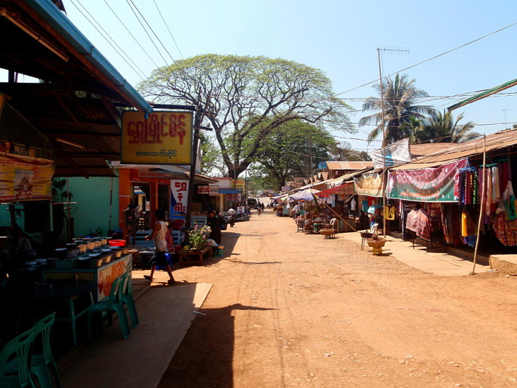 The main street in Kinpun, gateway to the Golden Rock, Myanmar