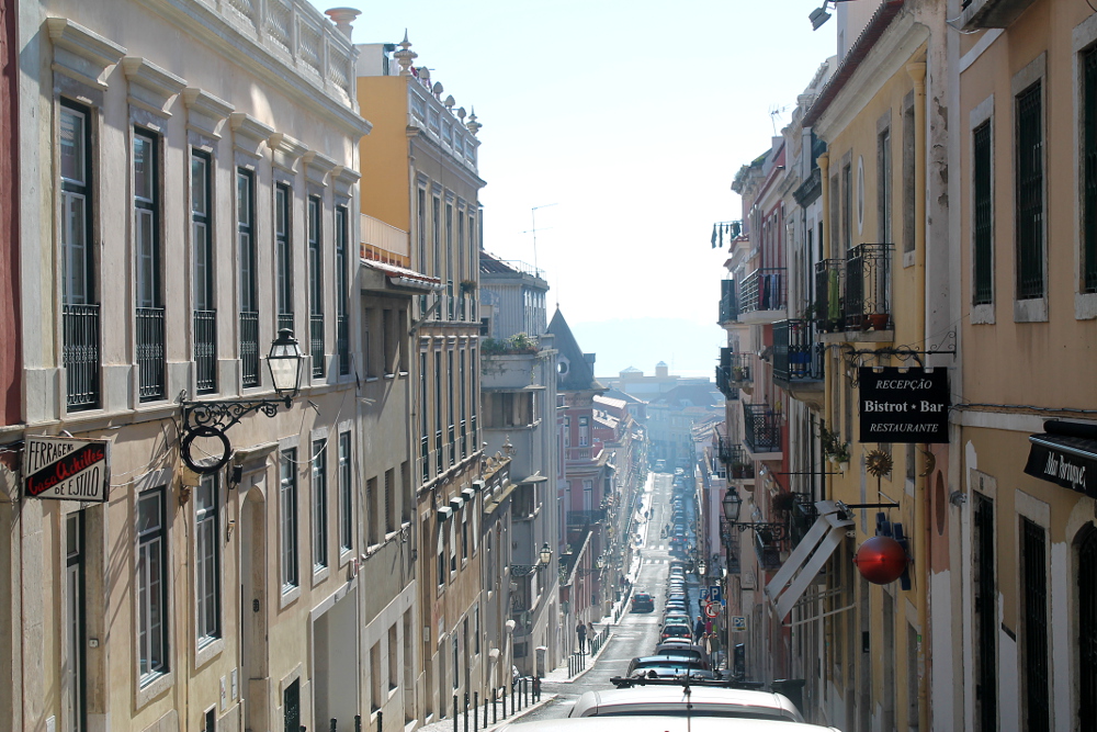 A steep street in Bairro Alto, one of the 7 hills in Lisbon