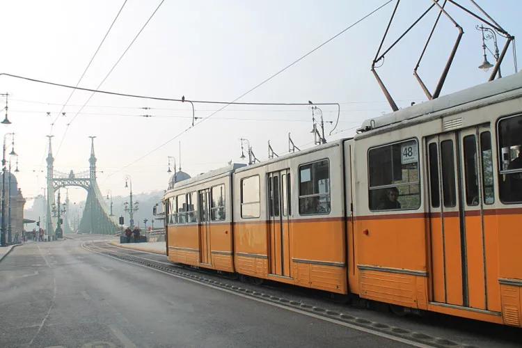 A yellow tram in Budapest, Hungary